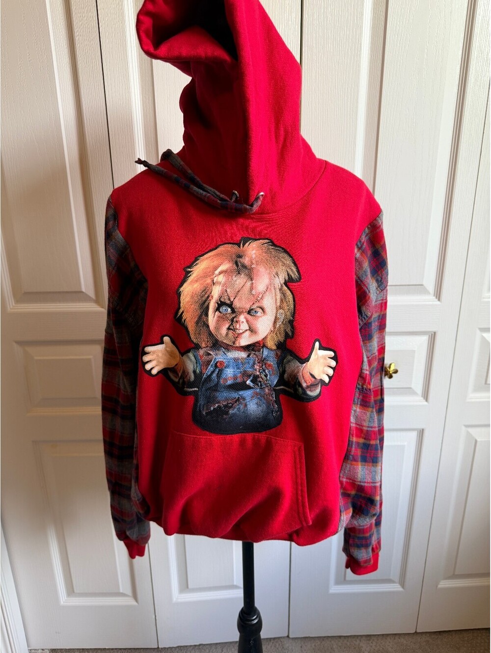 Red Hoodie with Chucky Graphic and Plaid Sleeves, Medium